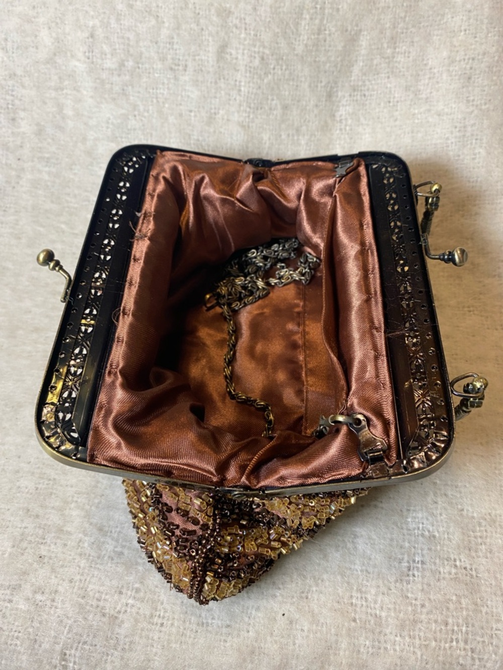Beaded Brown Evening Clutch with Stone Center and Ornate Frame - Picture 6 of 8